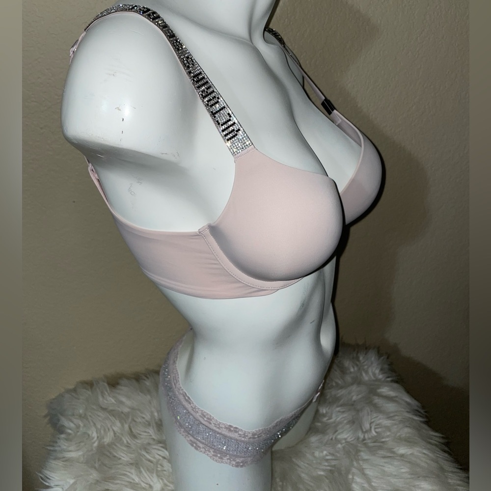 Victoria Secret Shine Strap Bra VS Taupe Shine Strap Rhinestone Panty Set 🆕 🪩 - Picture 7 of 13